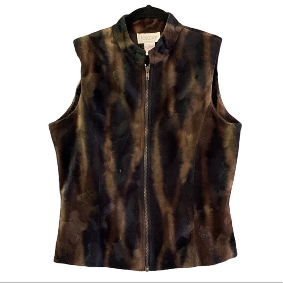 JORDAN Size Small Black & Brown Animal Print Faux Fur Double Zip Lined Vest - Picture 1 of 4